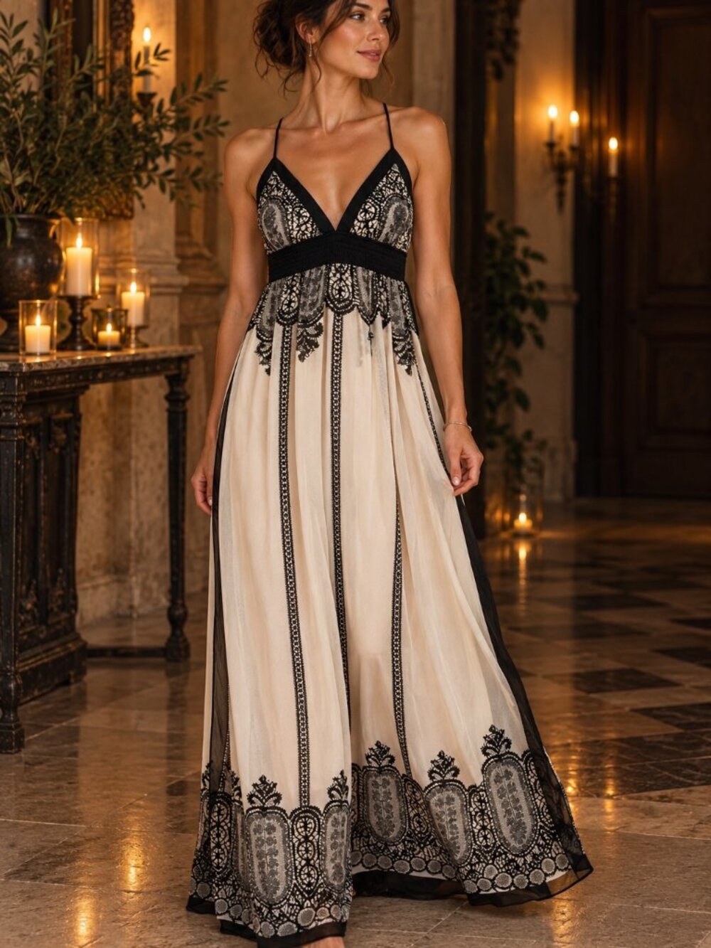 Arden B Y2K Gothic Maxi Dress Black Beige Ivory Lace Print Open Back (M)